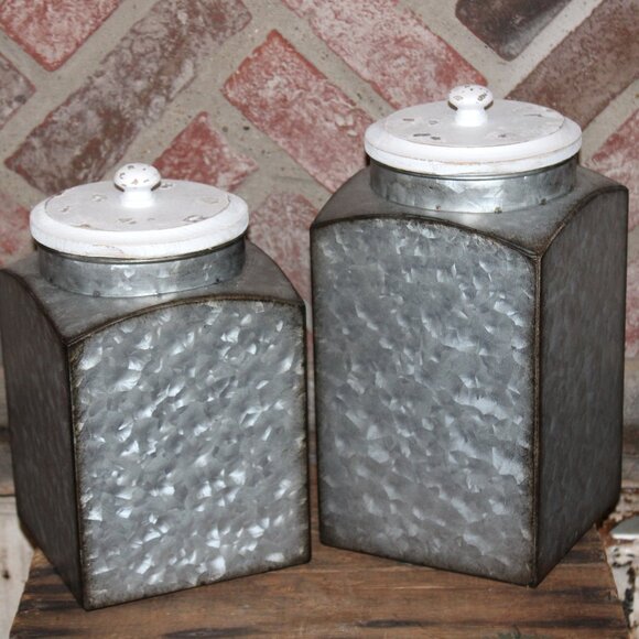 NEW Pair of Galvanized Metal & Wood Farmhouse Storage Decor Canisters - Picture 6 of 6